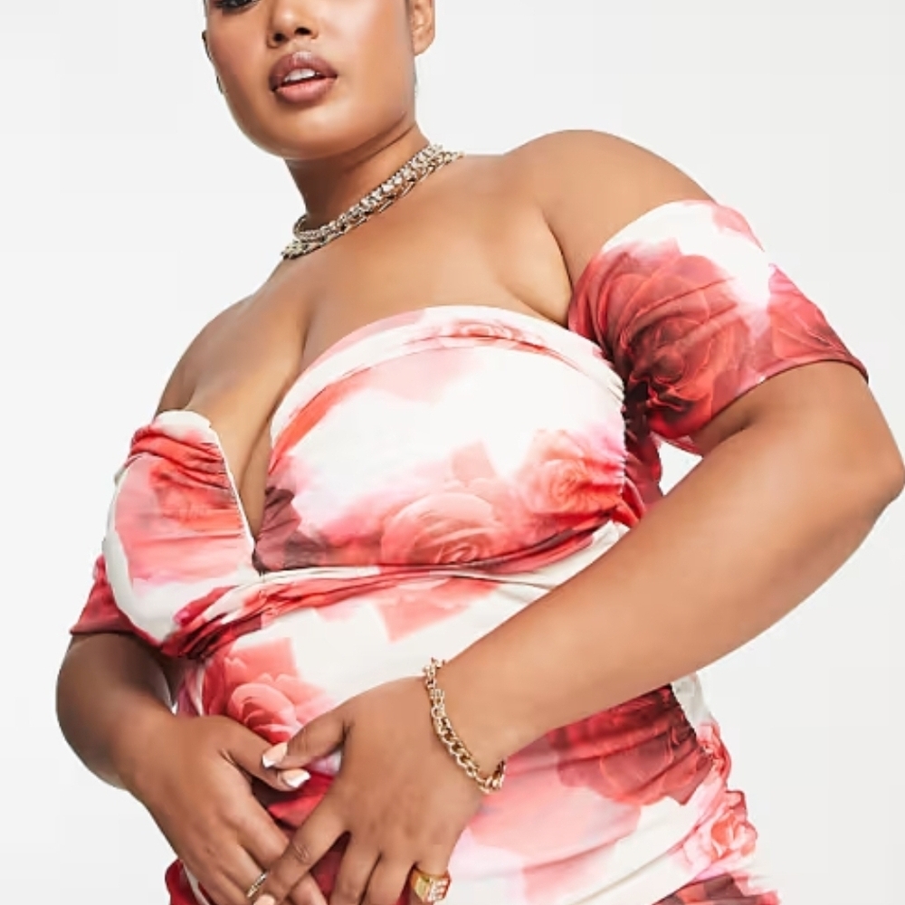 ASOS Curve Strapless Dress with Red and White Floral Design
